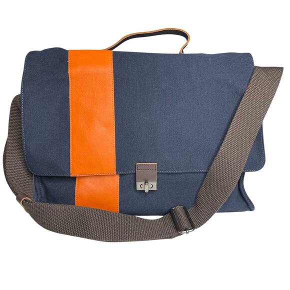 Pottery Barn Bradley Leather Canvas Messenger Laptop Bag Navy Orange - Picture 2 of 16